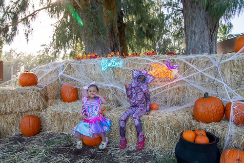 two children in clothing sitting on hay bales<br />
