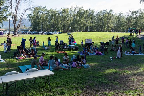 a group of people sitting on grass