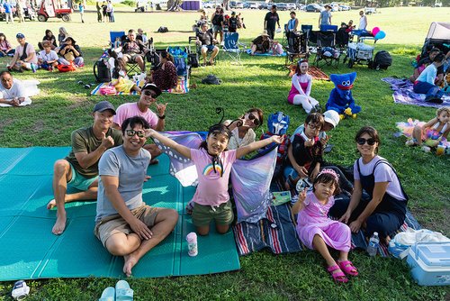 a group of people sitting on the grass