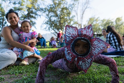 a child crawling on grass with a flower hat on