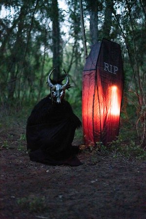 a person wearing a mask and sitting in the woods<br />
