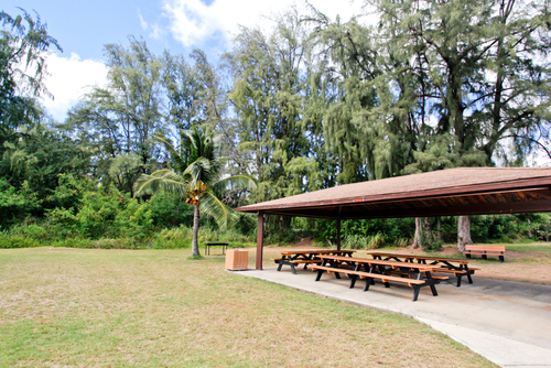 a picnic area with benches and a covered area