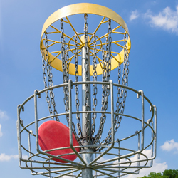 a metal basket with a red disc in it