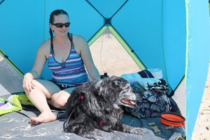 a person sitting in a tent with a dog<br />
