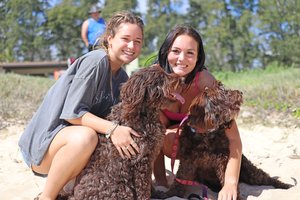 two women sitting with their dogs