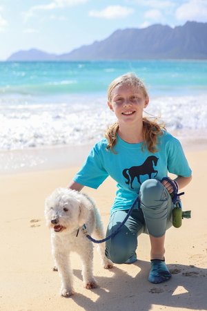 a child with a dog on a beach</p>
<p>