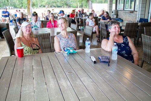 a group of people sitting around the table 