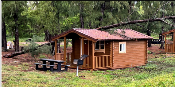 a log cabin with a tree fallen over