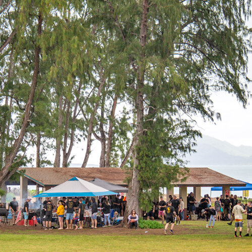 a group of people gathering together