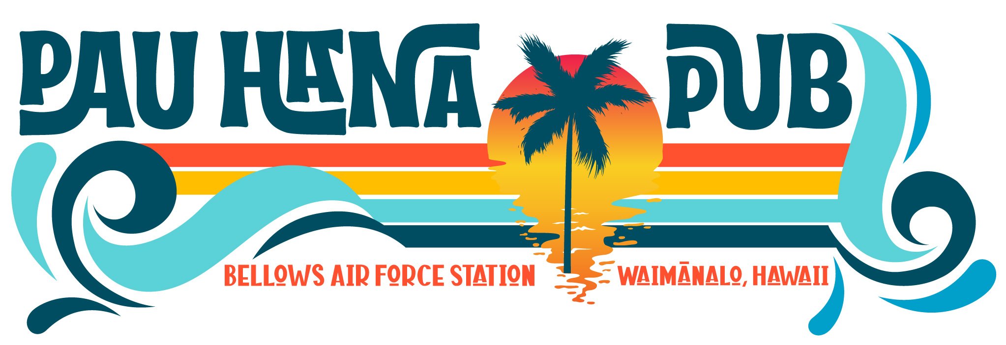 a logo with a palm tree and a sunset