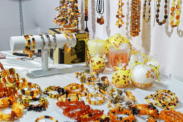 a table with jewelry and decorations