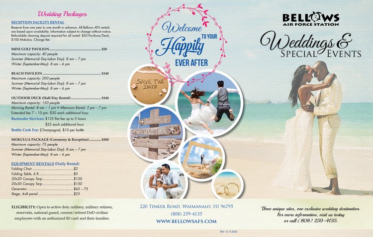 a flyer with a picture of a bride and groom on the beach