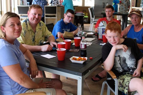 a group of people sitting around the table 