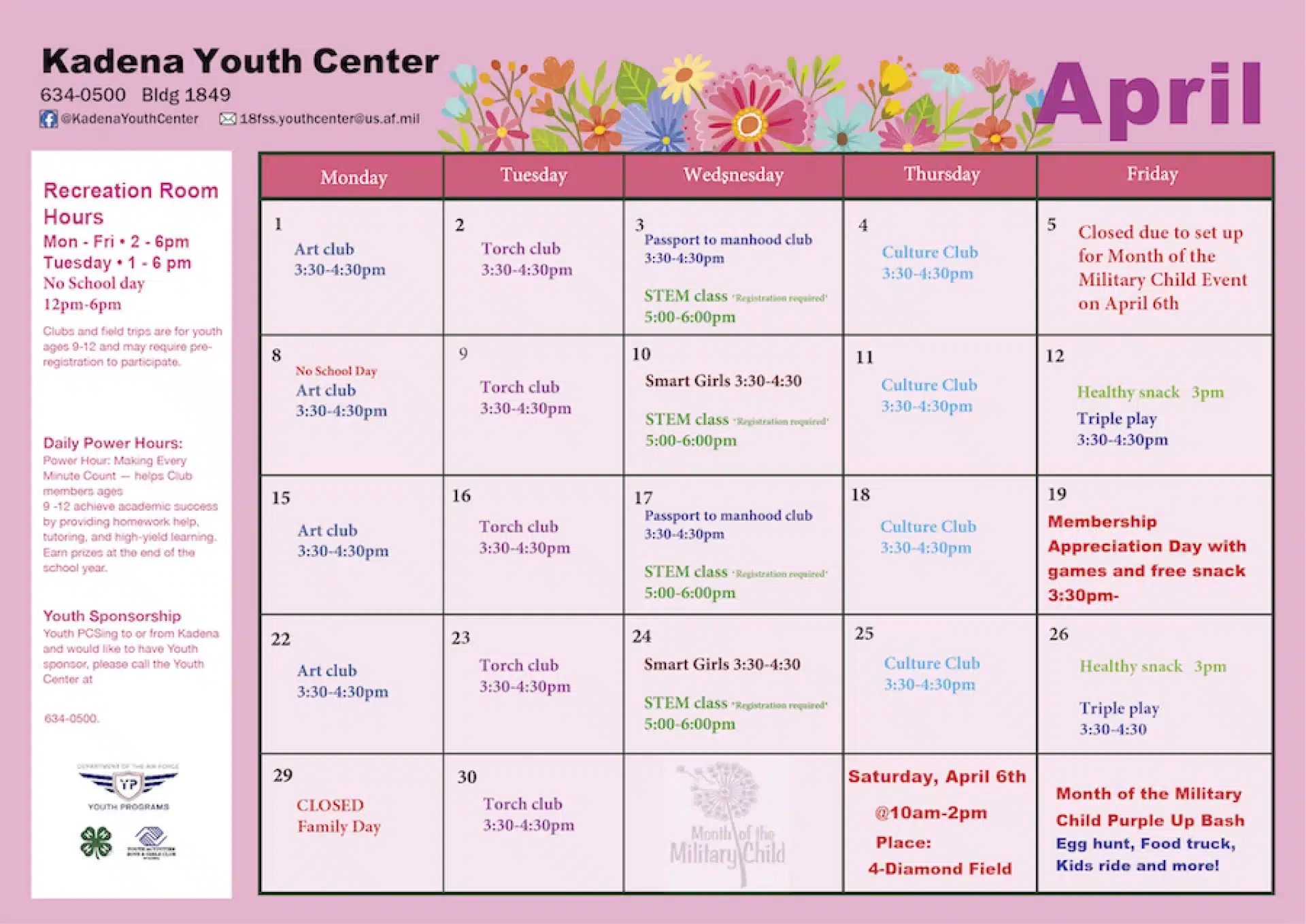 Youth Center April Calendar